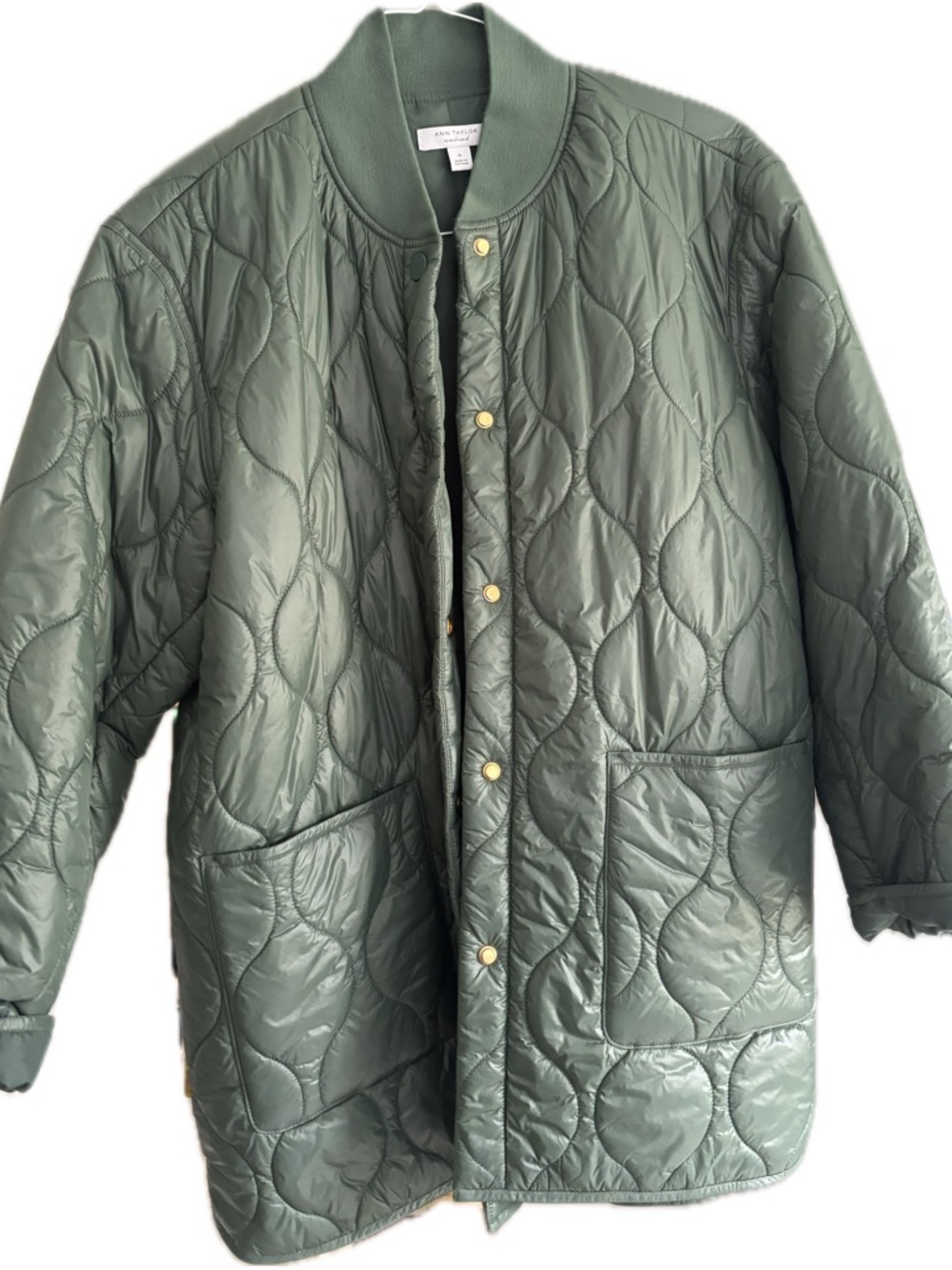Ann Taylor Weekend Quilted Olive Green Long Bomber Jacket